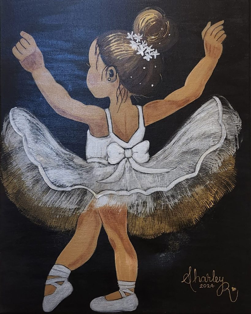 Bailarina niña con vestido de ballet en color blanco, con flor en el cabello, en posición de danza clásica. Pintura artística para promover el arte y la cultura en la comunidad migrante.