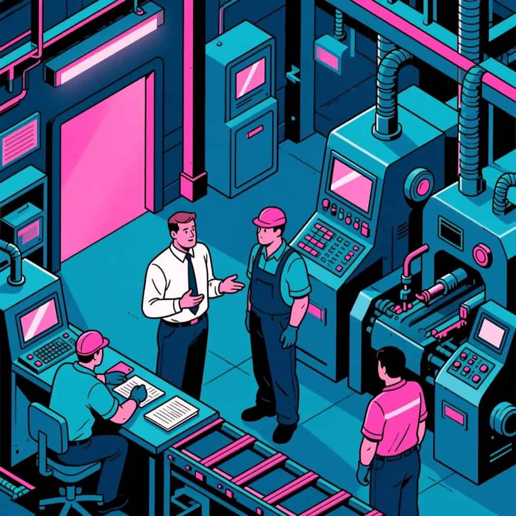 Innovadora ilustración digital de una planta industrial con trabajadores y tecnología avanzada, resaltando la modernización y el trabajo en ingeniería y manufactura para potenciar el contenido de SoyMigrante.com REVISTA. – SoyMigrante.com REVISTA