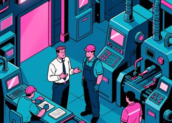 Innovadora ilustración digital de una planta industrial con trabajadores y tecnología avanzada, resaltando la modernización y el trabajo en ingeniería y manufactura para potenciar el contenido de SoyMigrante.com REVISTA.