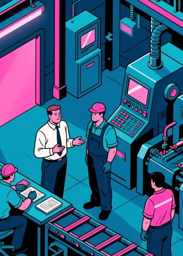 Innovadora ilustración digital de una planta industrial con trabajadores y tecnología avanzada, resaltando la modernización y el trabajo en ingeniería y manufactura para potenciar el contenido de SoyMigrante.com REVISTA.