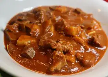 Jugos de carne guisada con salsa espesa y trozos de carne en plato blanco para recetas mexicanas o latinoamericanas.