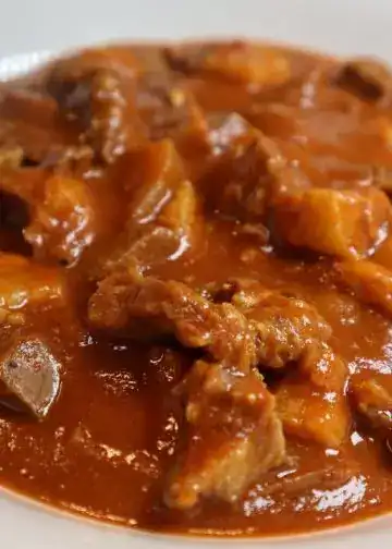 Jugos de carne guisada con salsa espesa y trozos de carne en plato blanco para recetas mexicanas o latinoamericanas.