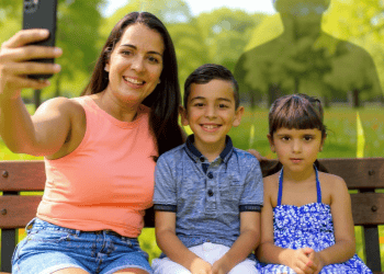 Mujer y dos niños tomando una selfie en un parque, promoviendo la inclusión social y la comunidad en la revista SoyMigrante.com REVISTA.