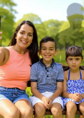 Mujer y dos niños tomando una selfie en un parque, promoviendo la inclusión social y la comunidad en la revista SoyMigrante.com REVISTA.