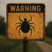 Aviso de advertencia sobre peligro de garrapatas o ácaros, señal de riesgo para la salud en zonas rurales o silvestres, relacionado con preocupación por enfermedades transmitidas por estos parásitos.