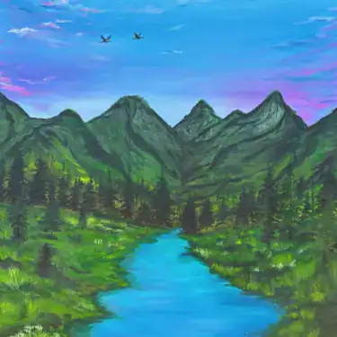 Río serpenteando entre montañas verdes con un cielo azul y nubes, simbolizando la naturaleza y la belleza del paisaje en una ilustración vibrante.