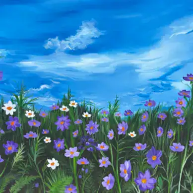 Flores silvestres moradas y blancas en pradera bajo cielo azul con nubes blancas y dispersas.