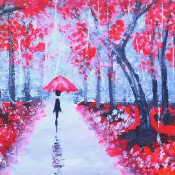 Personaje caminando en sendero rodeado de árboles con hojas en tonos rojos, sendero húmedo con reflejos, ambiente otoñal, pintura artística en estilo impresionista, evocando tranquilidad y belleza natural.