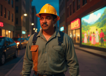 Trabajador migrante con casco en ciudad moderna en horas crepusculares, reflejando historias de migración y trabajo en el extranjero.