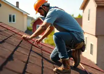 Trabajador en labores de mantenimiento en el tejado, usando casco de seguridad, en un vecindario residencial, imagen que refleja trabajo, construcción y seguridad laboral.