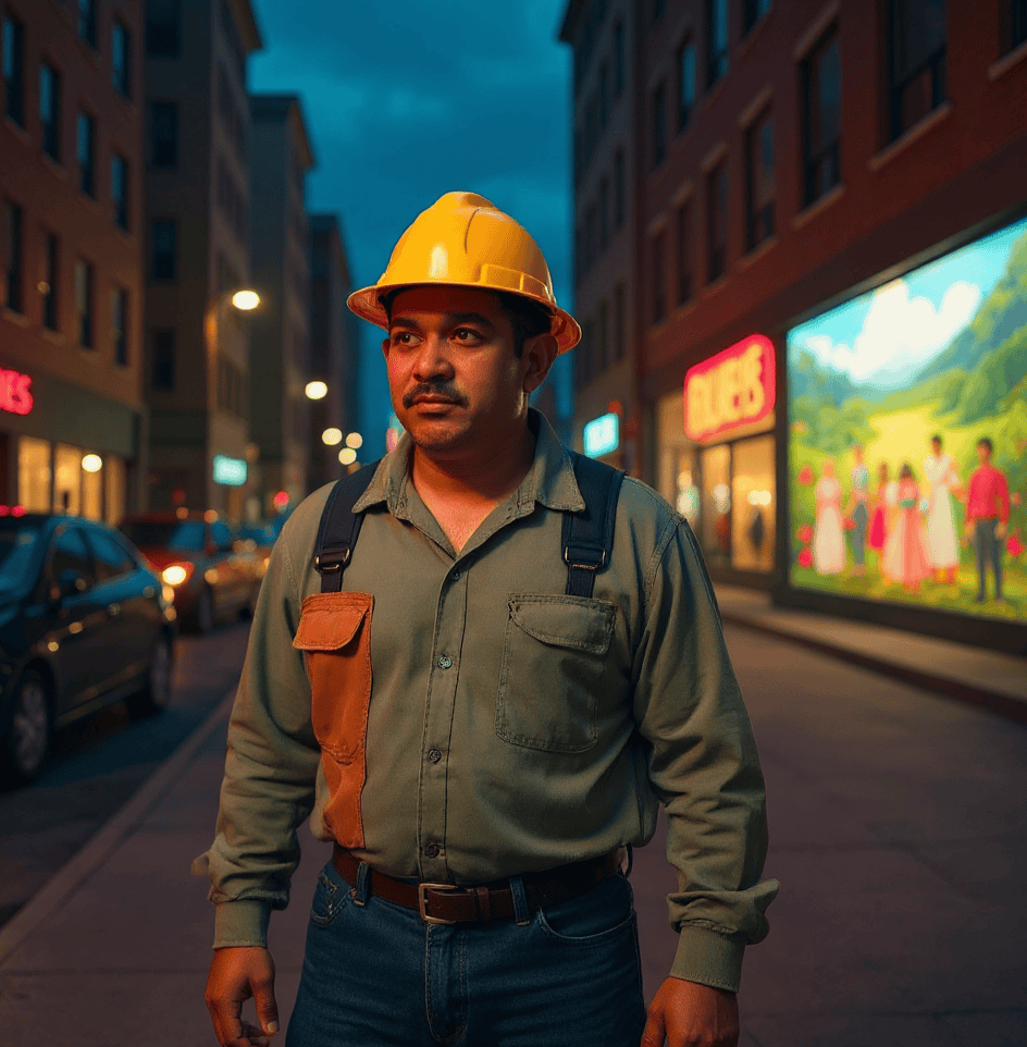 Trabajador migrante con casco en ciudad moderna en horas crepusculares, reflejando historias de migración y trabajo en el extranjero.