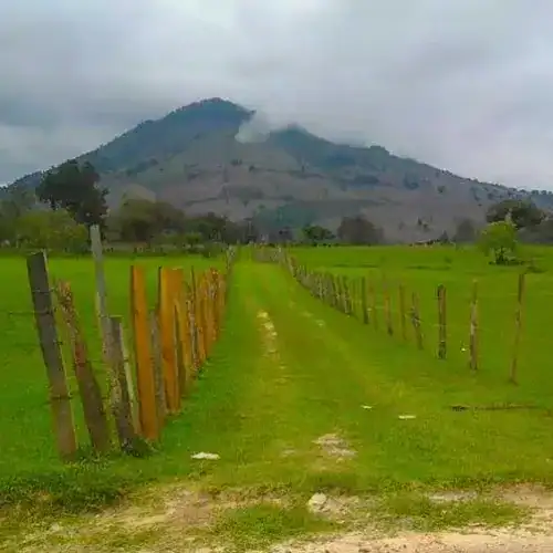 Paisaje rural con sendero de césped, cercas de madera y montaña en el fondo, escena natural y tranquila, ideal para temas de migración, vida rural y naturaleza en México o América Central. – SoyMigrante.com REVISTA