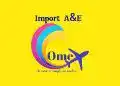 Importación A&E y OMEX logo con avión y colores vibrantes, representando servicios de importación y exportación para la comunidad migrante. Diseñado para destacar en la revista SoyMigrante.com REVISTA.