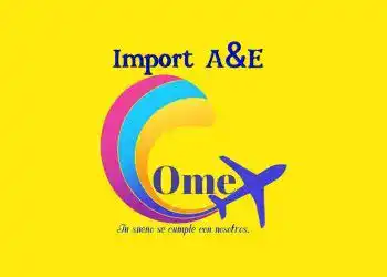 Importación A&E y OMEX logo con avión y colores vibrantes, representando servicios de importación y exportación para la comunidad migrante. Diseñado para destacar en la revista SoyMigrante.com REVISTA.
