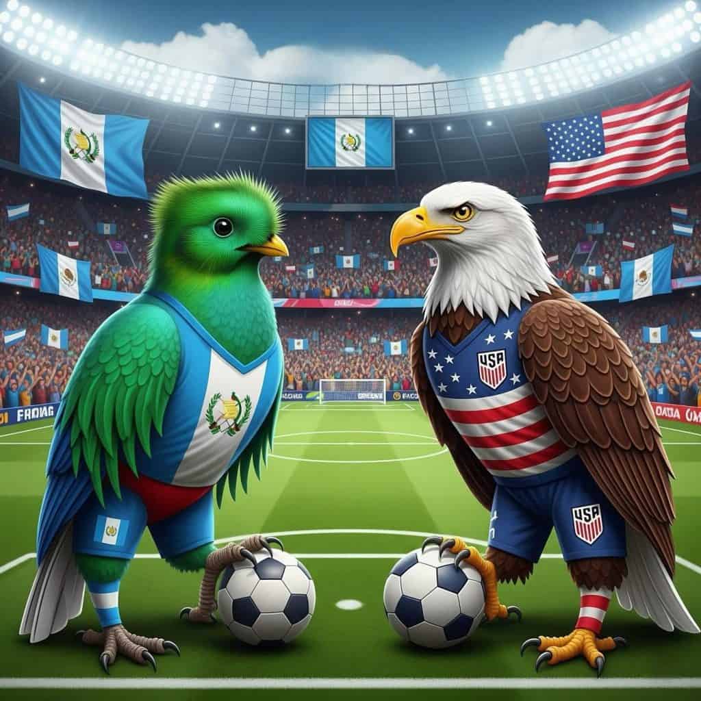 504348382_18085481596688222_1246149920687980151_n – SoyMigrante.com REVISTA Un águila y un quetzal, símbolos de Estados Unidos y Guatemala, en un estadio de fútbol con banderas de ambos países, representando la inmigración y la cultura migrante. – SoyMigrante.com REVISTA