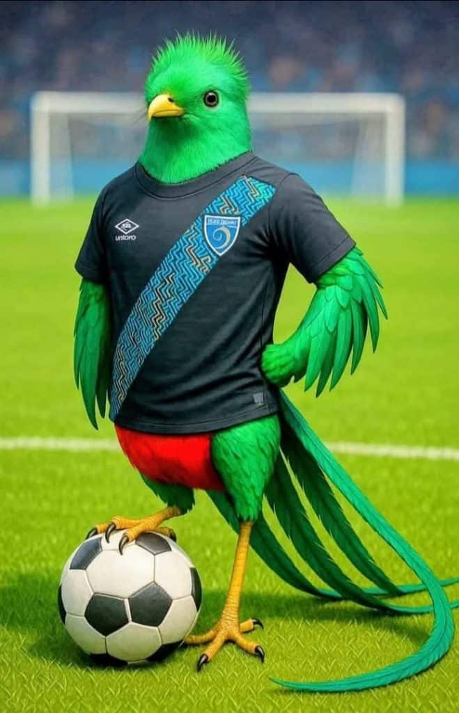 514062548_2486373025044558_57525087305610195_n – SoyMigrante.com REVISTA Alt: Pájaro disfrazado de futbolista con camiseta de un club, sosteniendo un balón en un estadio, imagen humorística y creativa para fanáticos del fútbol y la cultura migrante. – SoyMigrante.com REVISTA