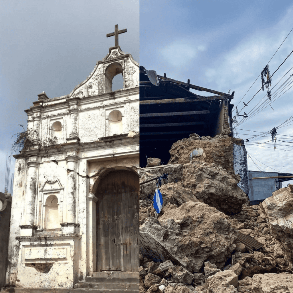 Cargando una iglesia antigua dañada y una casa destruida por un terremoto en una zona vulnerable, mostrando la vulnerabilidad de las construcciones tradicionales frente a desastres naturales en contextos migratorios y de resiliencia. – SoyMigrante.com REVISTA