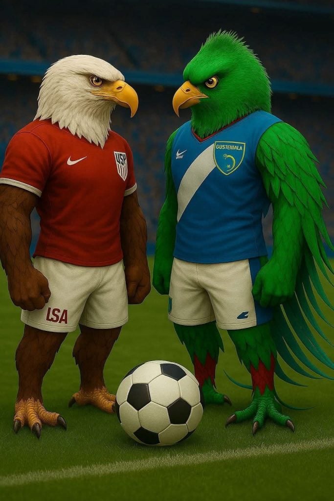 memes copa de oro guatemala seleccion 1 – SoyMigrante.com REVISTA Árboles de águila y loro disfrazados con uniformes de fútbol con pelota en campo deportivo. – SoyMigrante.com REVISTA