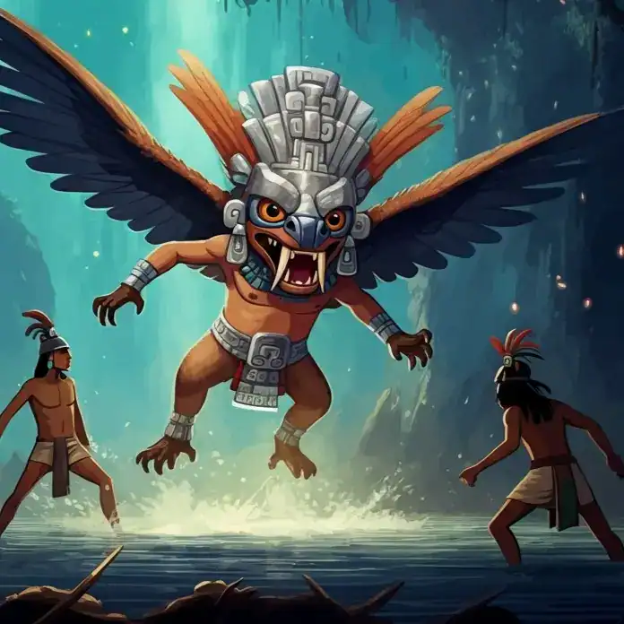 Viento con ave mitológica azteca, arte digital de cultura indígena mexicana en estilo fantasioso y mitológico. – SoyMigrante.com REVISTA