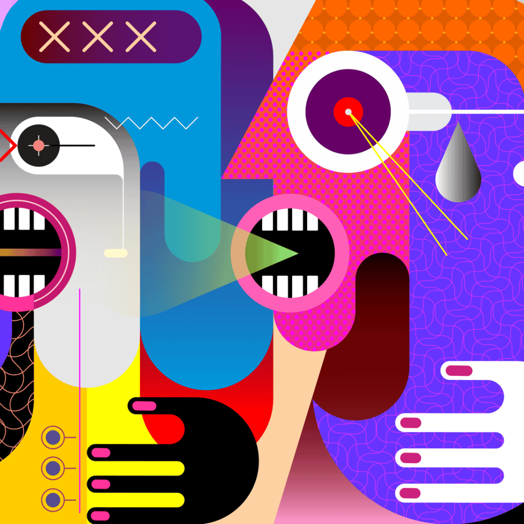 Innovadora ilustración digital con elementos geométricos y colores vibrantes para destacar contenido de la revista SoyMigrante.com, enfocada en temas migratorios y culturales. – SoyMigrante.com REVISTA