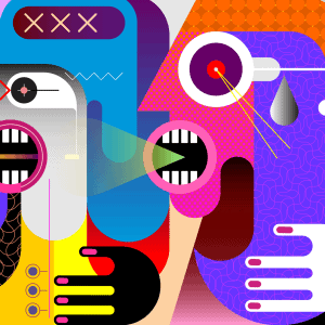 Innovadora ilustración digital con elementos geométricos y colores vibrantes para destacar contenido de la revista SoyMigrante.com, enfocada en temas migratorios y culturales.