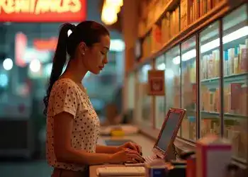 Libros en estanterías en una librería nocturna con mujer usando portátil, ambiente cálido y luminoso, imagen relacionada con lectura, cultura y tecnología.