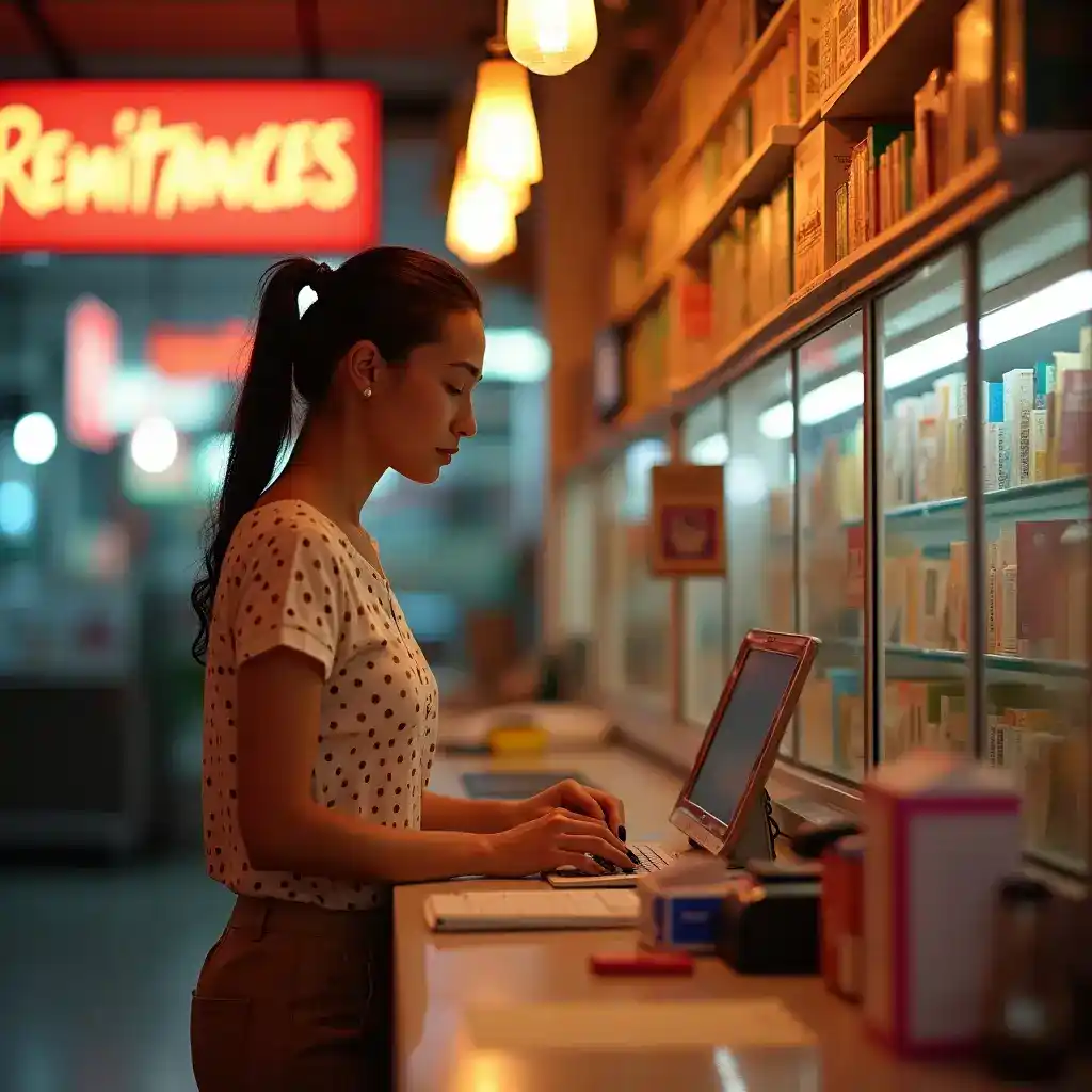Libros en estanterías en una librería nocturna con mujer usando portátil, ambiente cálido y luminoso, imagen relacionada con lectura, cultura y tecnología.
