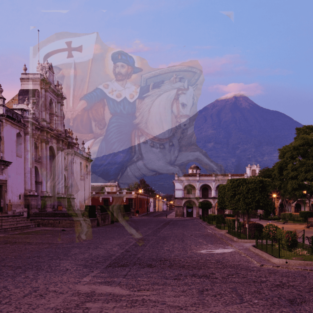 Guerrero, historia y cultura en México, paisaje de la ciudad con volcán en el fondo, arte y patrimonio mexica en un entorno urbano histórico.