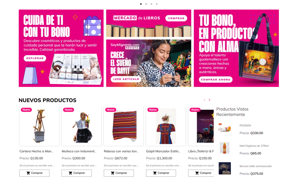 Joven mujer preparando artesanías guatemaltecas con productos hechos a mano y diseño auténtico en una tienda de souvenirs, promoviendo el talento cultural de Guatemala. – SoyMigrante.com REVISTA