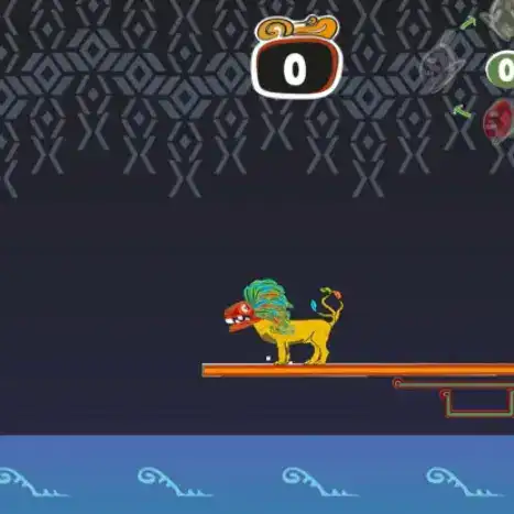 Gato cósmico con cuerpo amarillo y melena colorida en un juego de plataformas, en un fondo oscuro con patrones geométricos y elementos decorativos.