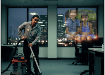 Aspira a limpiar un espacio de oficina con una aspiradora industrial en un entorno moderno.