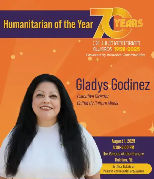Así fue anunciado el galardón para Gladys Godínez por sus aportes humanitarios a la comunidad hispana y otras minorías en Nebraska. (Imagen redes sociales de Inclusive Communities) – SoyMigrante.com REVISTA Reconocimiento a Gladys Godinez como Humanitaria del Año en los premios 70 años de SoyMigra, destacando su liderazgo y compromiso con comunidades inclusivas en la celebración de los 70 años de premios humanitarios. – SoyMigrante.com REVISTA