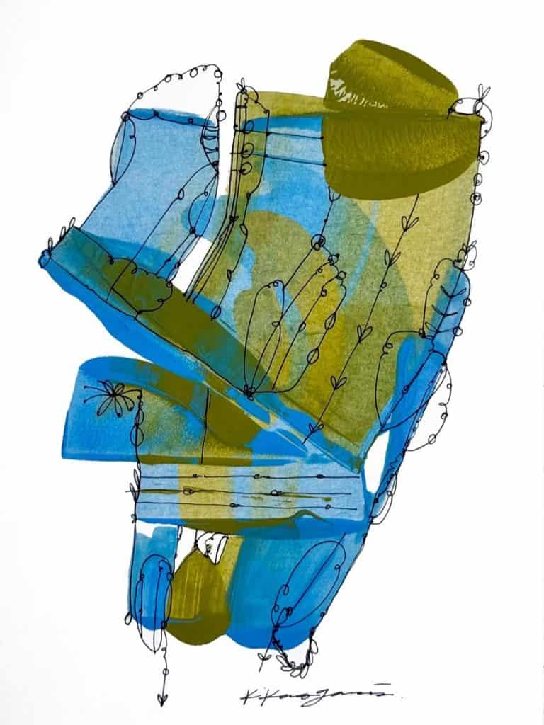 Armazón de silla en estilo ilustración artística con colores azul y verde, símbolo de migración y cultura, representada en la revista SoyMigrante.