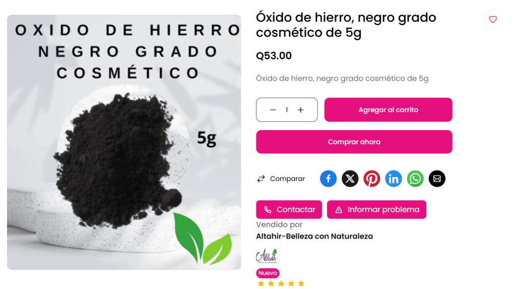 Polvo de óxido de hierro negro grado cosmético 5g, ingrediente para productos de belleza y maquillaje, uso cosmético de alta calidad, suplemento en polvo para cosmética natural, producto vendido por Altahir-Belleza con Naturaleza. – SoyMigrante.com REVISTA