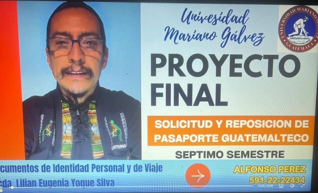 Tarjeta de presentación del proyecto final de solicitud y reposición de pasaporte guatemalteco en la Universidad Mariano Gálvez, incluyendo datos de contacto y proceso para estudiantes. – SoyMigrante.com REVISTA