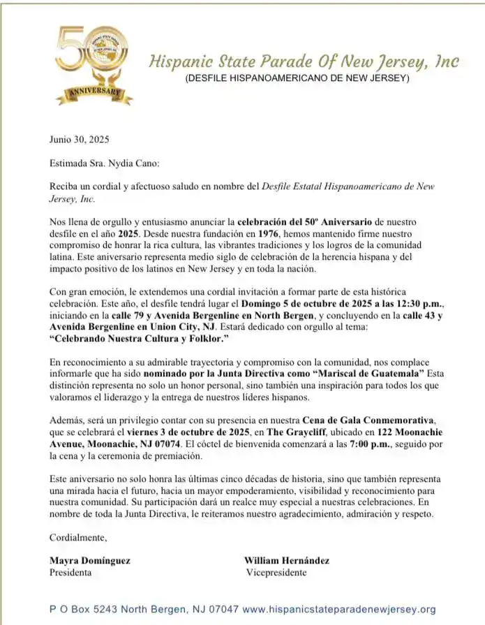 50° aniversario desfile hispanoamericano de New Jersey, celebración cultural, evento histórico, comunidad latina, gala conmemorativa, cultura y folklore latino, Nydia Cano, evento en North Bergen, homenaje a la historia latina. – SoyMigrante.com REVISTA