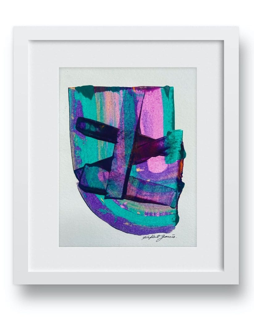 Colorido dibujo abstracto de rostro femenino en acuarela con tonos vibrantes, protagonizado por púrpuras, azules y verdes, enmarcado en blanco, que destaca en la revista SoyMigrante.com REVISTA.