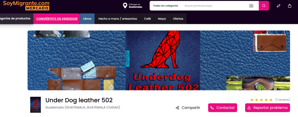 Corte de cuero de perro bajo el logo de Under Dog Leather 502 en una página web de comercio en línea. – SoyMigrante.com REVISTA