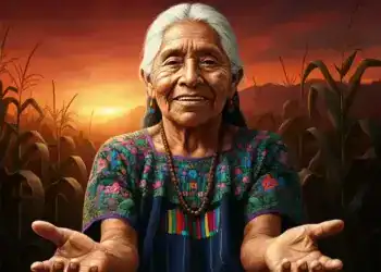 Anciana indígena sonriendo en campo de maíz al atardecer, símbolo de cultura y tradición en América Latina.