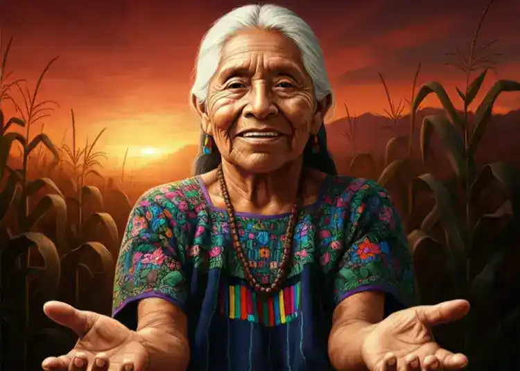 abuela ixmucane 5-750x536 – SoyMigrante.com REVISTA Anciana indígena sonriendo en campo de maíz al atardecer, símbolo de cultura y tradición en América Latina. – SoyMigrante.com REVISTA