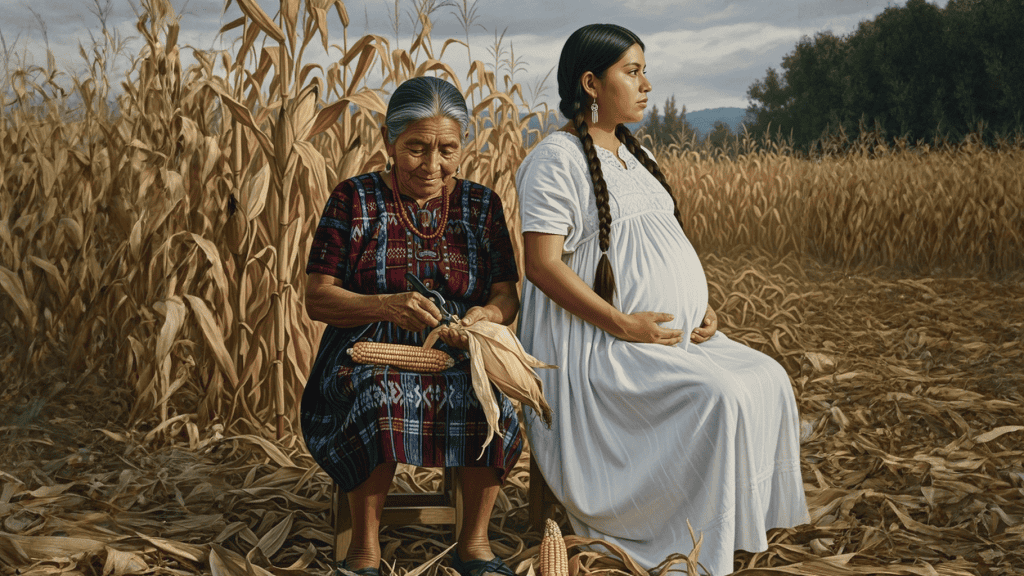 Anciana indígena cosechando maíz en un campo de cultivo, reflejando tradición y cultura rural en América Latina. – SoyMigrante.com REVISTA