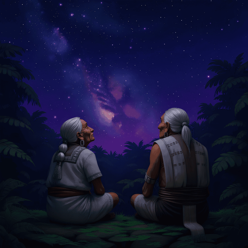Ancianas indígenas under a starry sky, representing ancestral knowledge and cultural heritage in rural Mexico. Mística escena que conecta tradición, naturaleza y comunidad en un entorno nocturno.