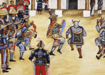 Colores vibrantes y trajes tradicionales en una danza folclórica mexicana, celebrando cultura y patrimonio en SoyMigrante.com REVISTA. – SoyMigrante.com REVISTA