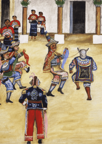 Colores vibrantes y trajes tradicionales en una danza folclórica mexicana, celebrando cultura y patrimonio en SoyMigrante.com REVISTA.