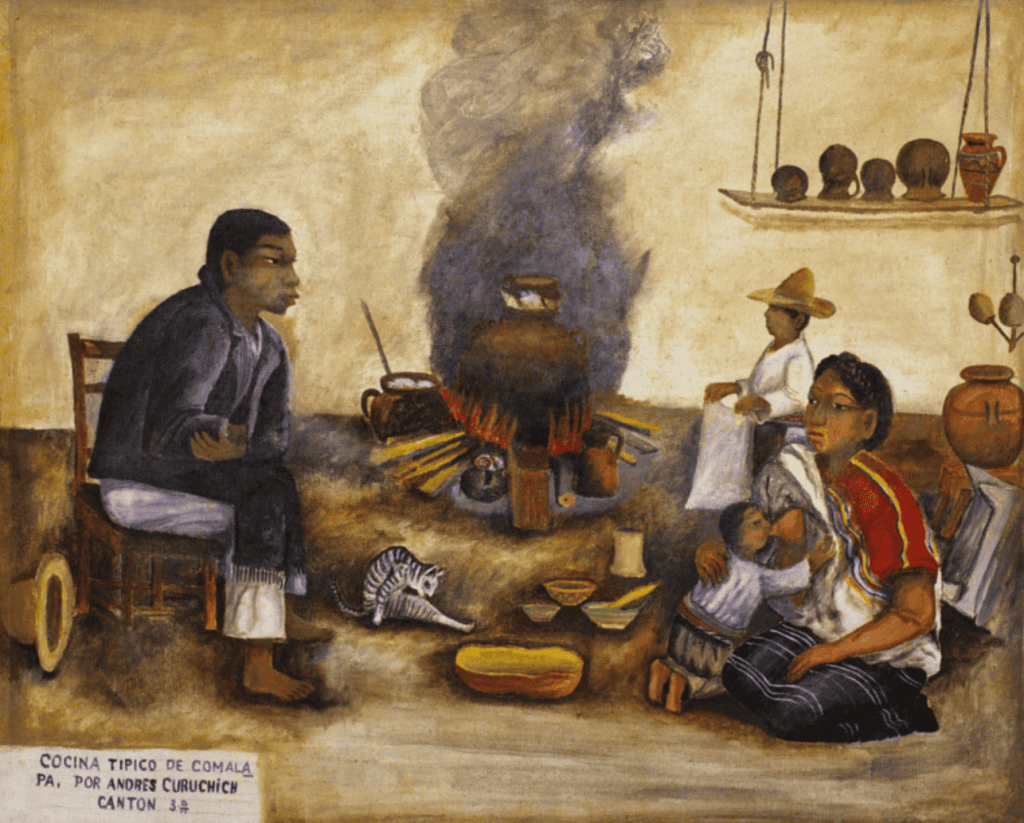 Comala cocina tradicional mexicana pintura de Andrés Curuchich, representación de cultura indígena y gastronomía típica en un ambiente familiar y acogedor.
