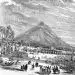 Antigua ilustración de la Plaza Mayor con el volcán a fondo, escenario histórico de la ciudad de Antiguo Guatemala, presente en la revista SoyMigrante.com REVISTA.