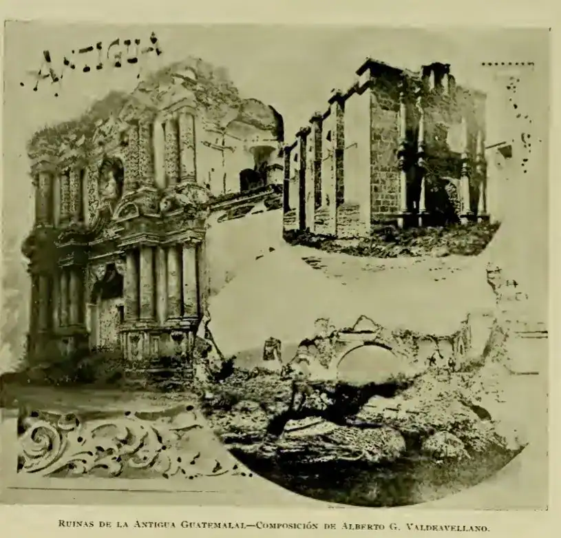 Ruinas de la antigua Guatemala, imagen en dibujo de Alberto G. Valdeavellano mostrando restos arquitectónicos históricos. – SoyMigrante.com REVISTA