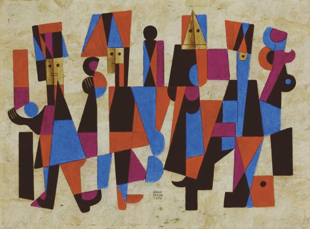 Coloreada pintura abstracta de formas geométricas y personajes, obra de Carlos Merida de 1974, reflejando el arte y cultura en contexto migrante y social. – SoyMigrante.com REVISTA