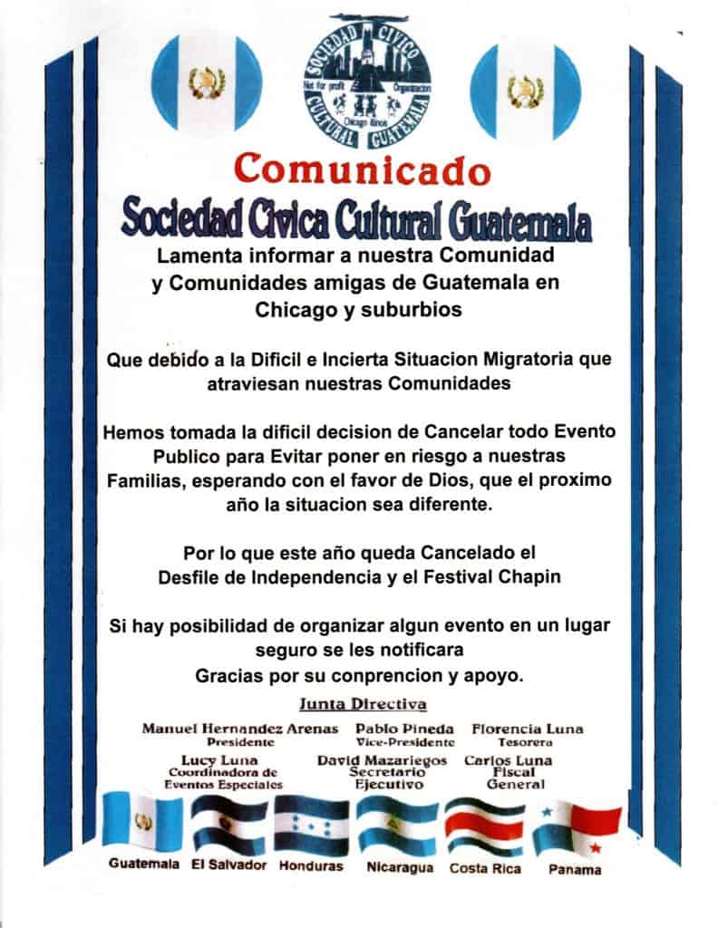 Comunicado de la Sociedad Civil Cultural Guatemala sobre la cancelación del desfile de independencia y festival chapin debido a la situación migratoria y sanitaria. – SoyMigrante.com REVISTA