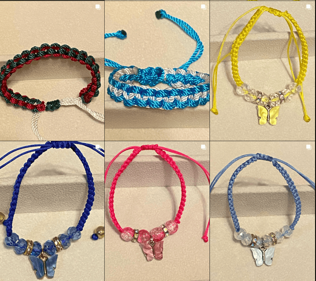 Pulseras de macramé y collares con dijes de mariposa hechos a mano, accesorios de moda coloridos, artesanía mexicana, accesorios para mujer con cristales y hilos resistentes, ideales para regalar o lucir en cualquier ocasión.